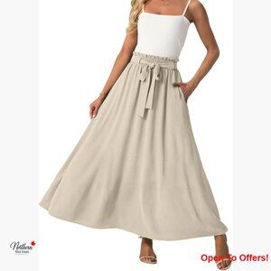 High Waisted Maxi Skirt with Pockets, Polyester, Flowy Long Skirt